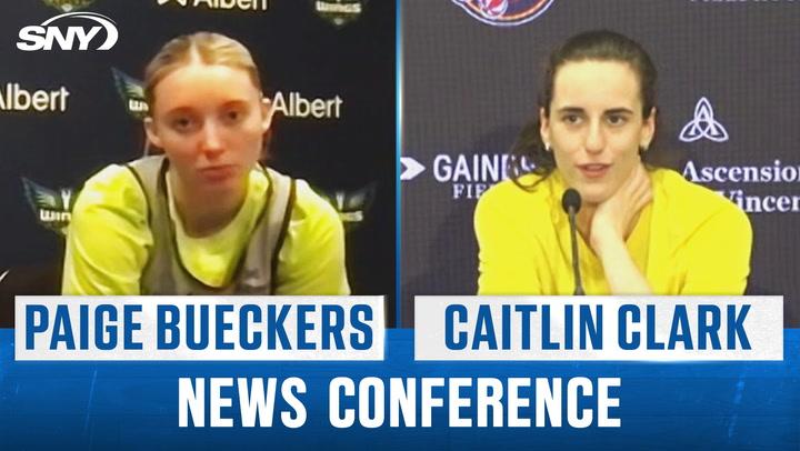 Paige Bueckers and Caitlin Clark discuss UConn's championship and WNBA goals at a conference.
